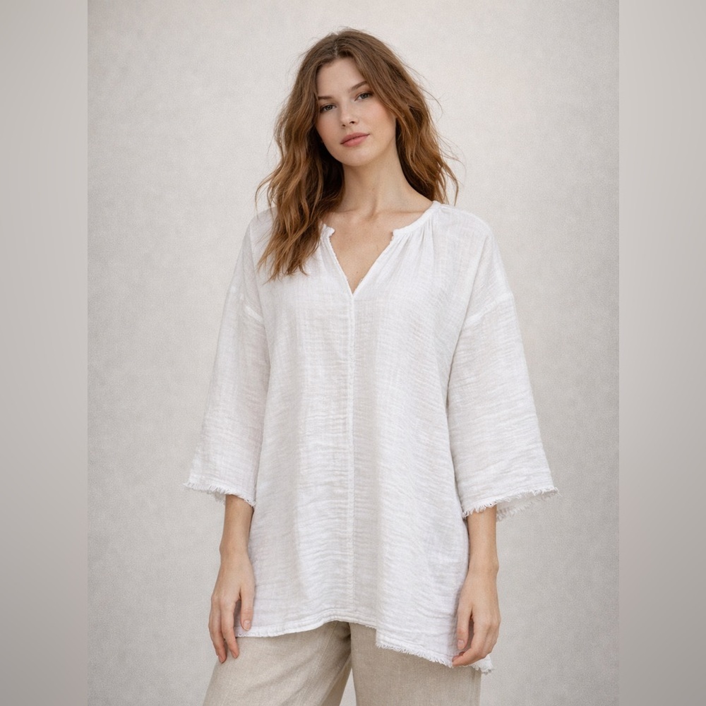 Pure Navy White Gauze Tunic Blouse M Slub Knit Boxy Beach Coastal Soft Girl